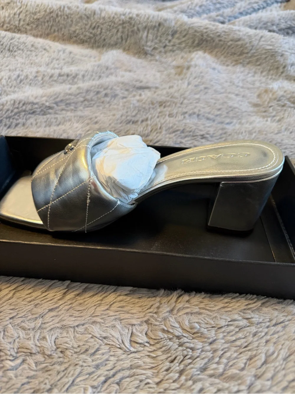 Coach Silver Quilted Block Heel Mule Sandals- BRAND NEW! Never worn!